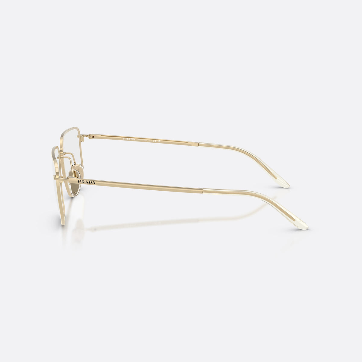 Prada PR C52V ZVN1O1 eyeglasses, gold rectangle frame for women, double bridge with metal connector, full-rim metal frame, side view