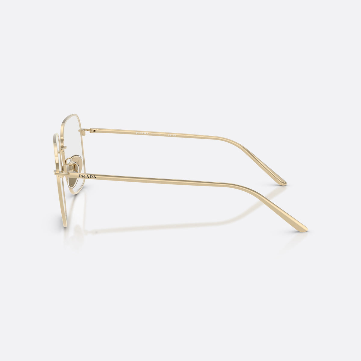 Prada PR C54SD ZVN10W sunglasses, gold square frame for women, double bridge with metal bar, brand lettering on temples, side view