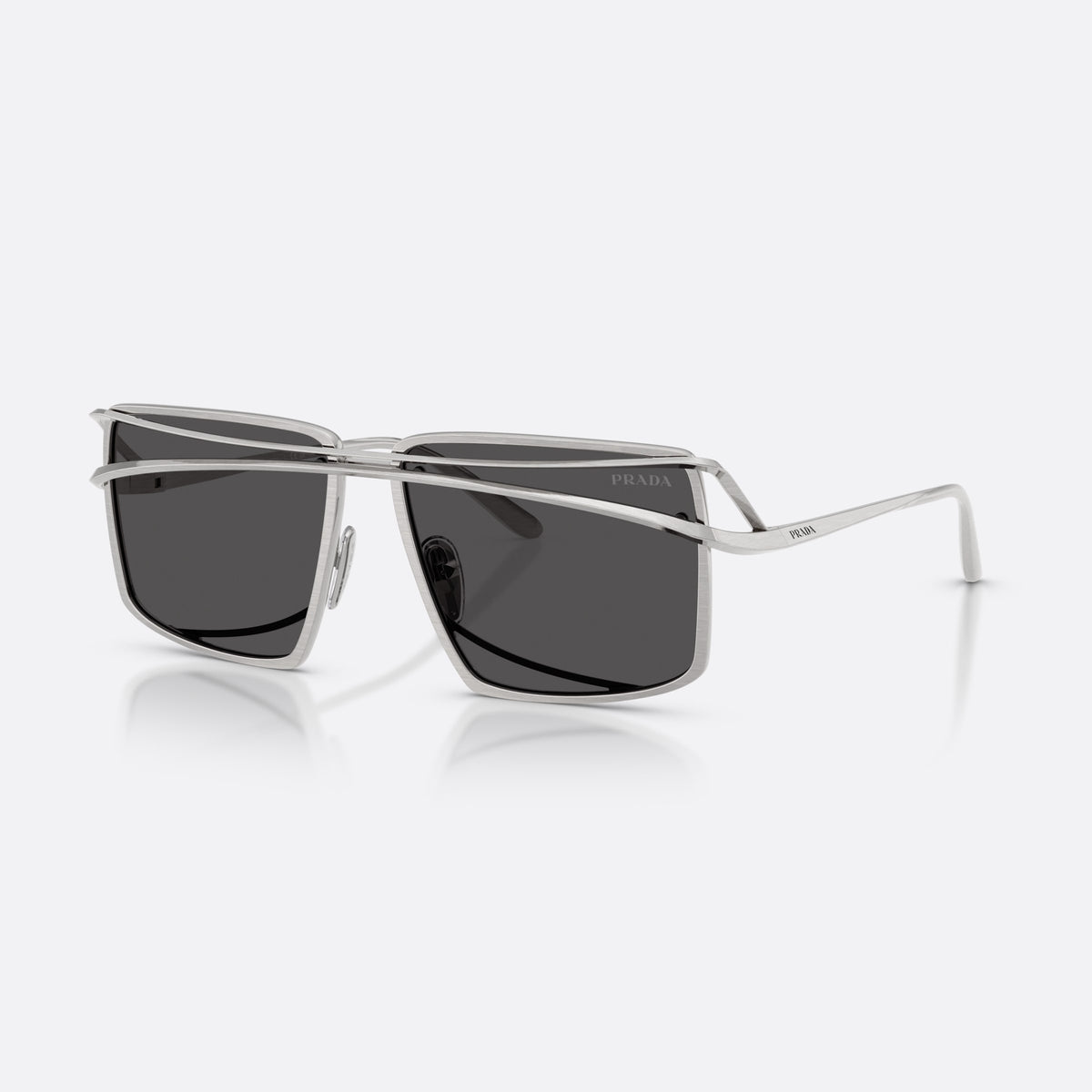 Prada PR C55S 28C08Z sunglasses, silver irregular frame for men, double metal bridge, brand lettering on temples