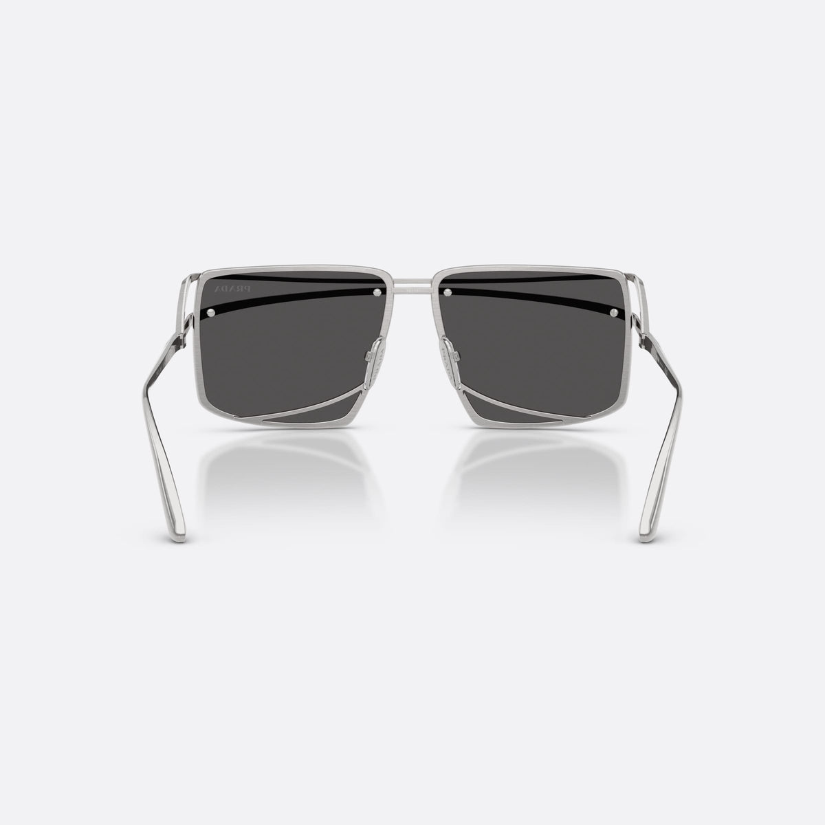 Prada PR C55S 28C08Z sunglasses, silver irregular frame for men, double metal bridge, brand lettering on temples, back view