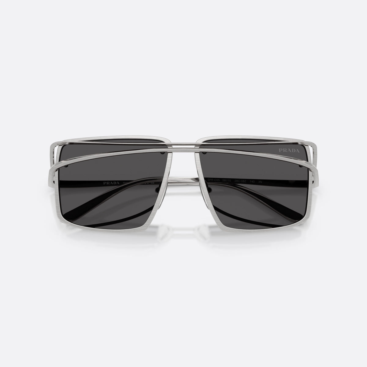 Prada PR C55S 28C08Z sunglasses, silver irregular frame for men, double metal bridge, brand lettering on temples, folded