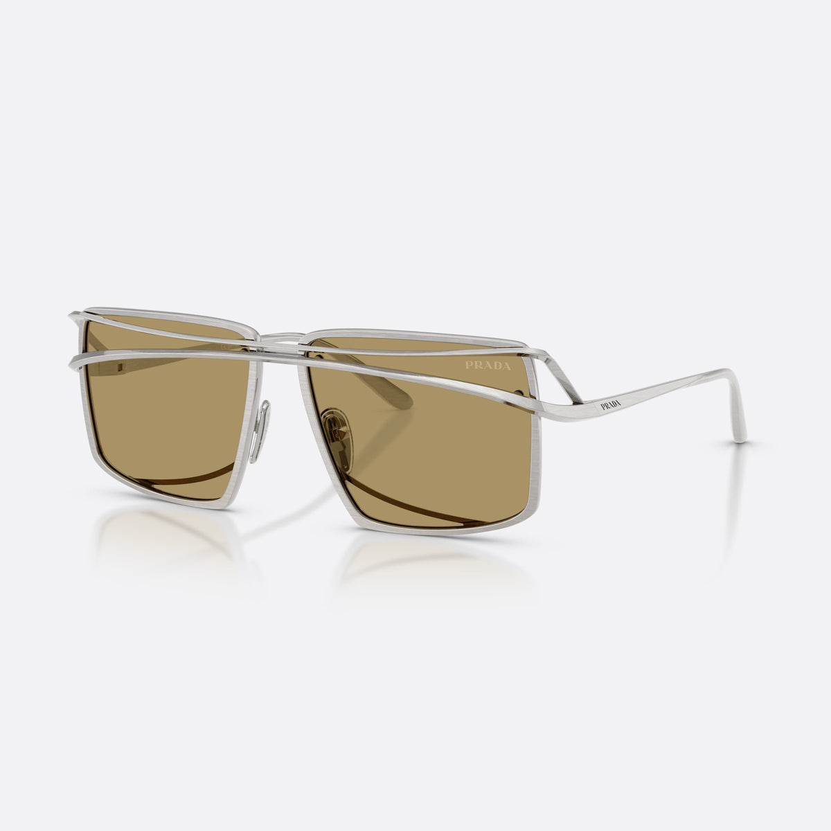Prada PR C55S 28C70G sunglasses, silver irregular frame for men, double bridge with wire, brand lettering on temples