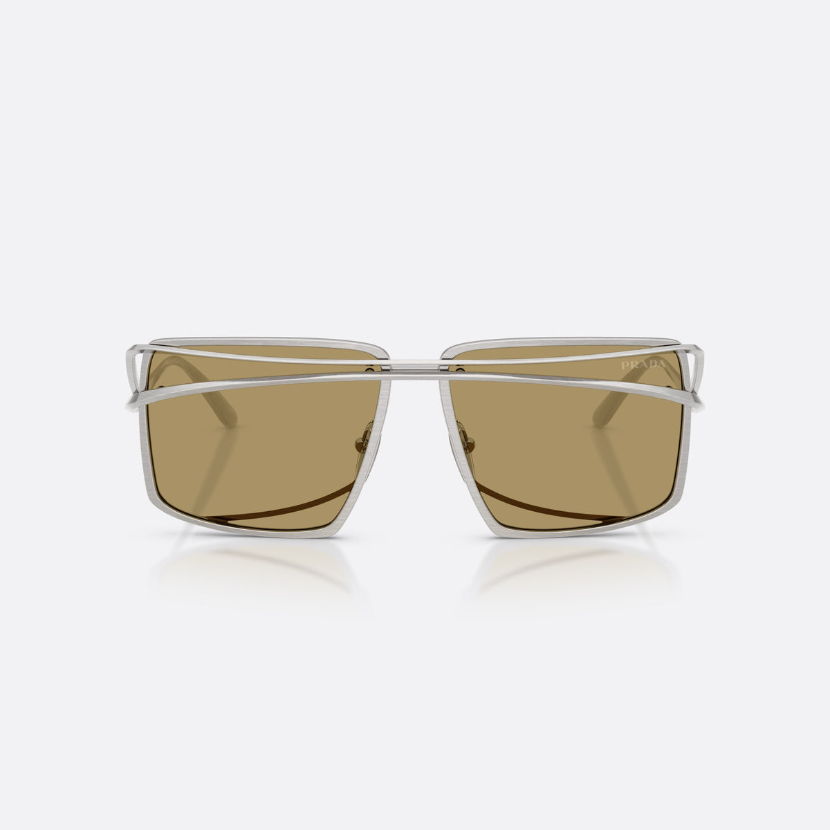 Prada PR C55S 28C70G sunglasses, silver irregular frame for men, double bridge with wire, brand lettering on temples, front view
