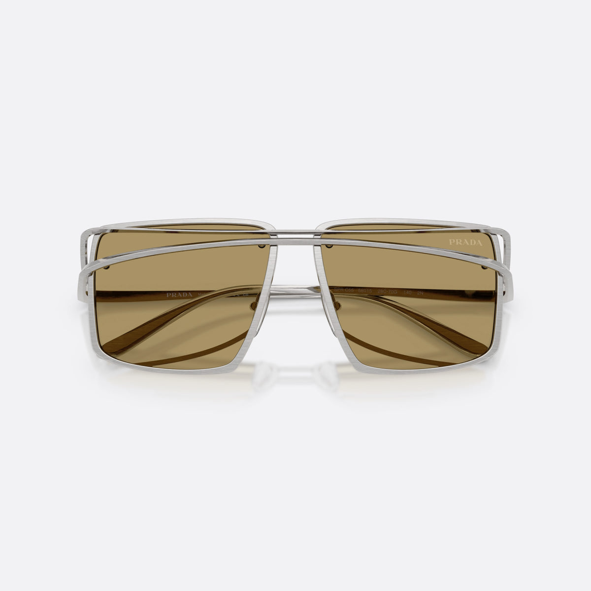 Prada PR C55S 28C70G sunglasses, silver irregular frame for men, double bridge with wire, brand lettering on temples, folded