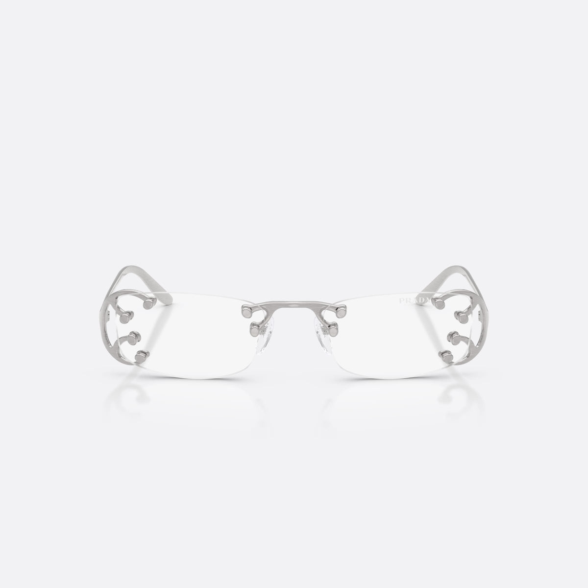 Prada PR C57S 28H08N sunglasses, silver rectangle frame for women, double bridge with metal knobs, metal hinges, front view