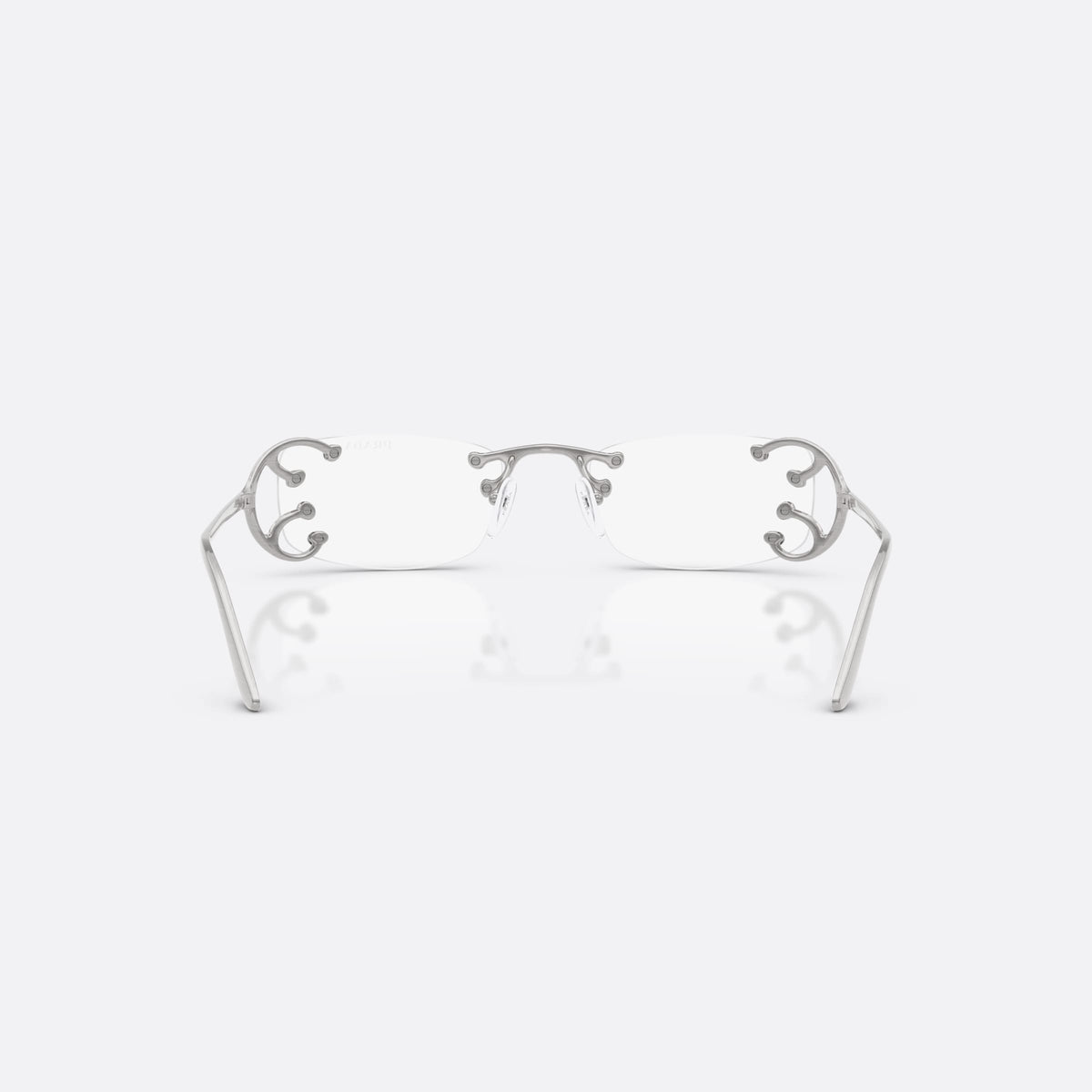 Prada PR C57S 28H08N sunglasses, silver rectangle frame for women, double bridge with metal knobs, metal hinges, back view