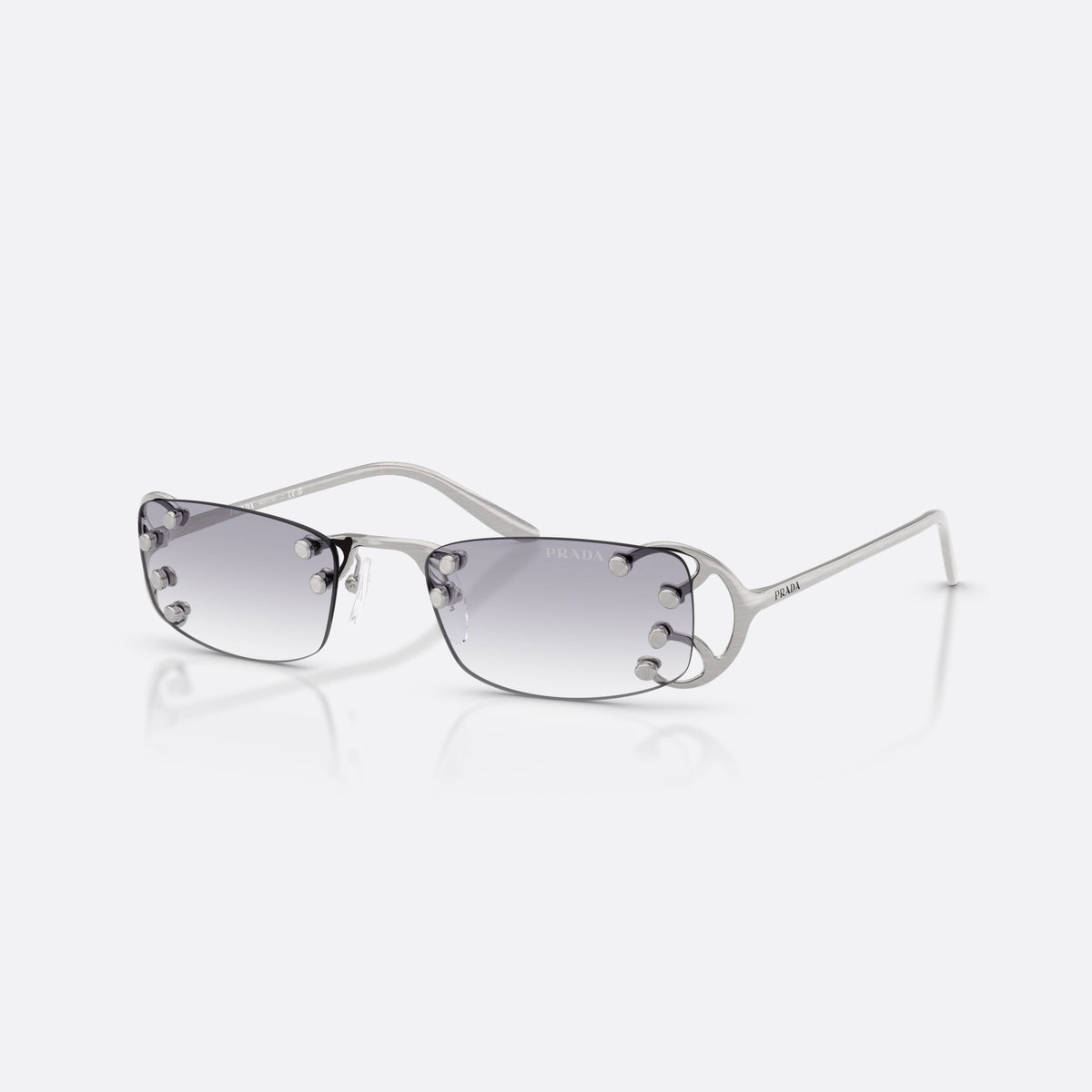 Prada PR C57S 28H40V sunglasses, silver rectangle frame for women, plain metal bridge, brand lettering on temples