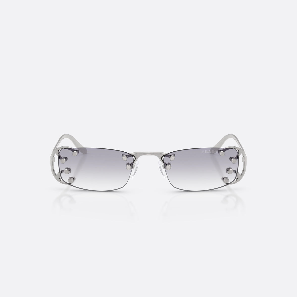 Prada PR C57S 28H40V sunglasses, silver rectangle frame for women, plain metal bridge, brand lettering on temples, front view