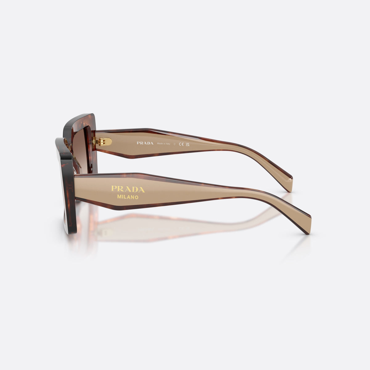 Ochelari de soare Prada PR D01S 00K10S, rectangulari havana, pentru femei, punte integrată simplă, literele brandului pe brațe, vedere laterală