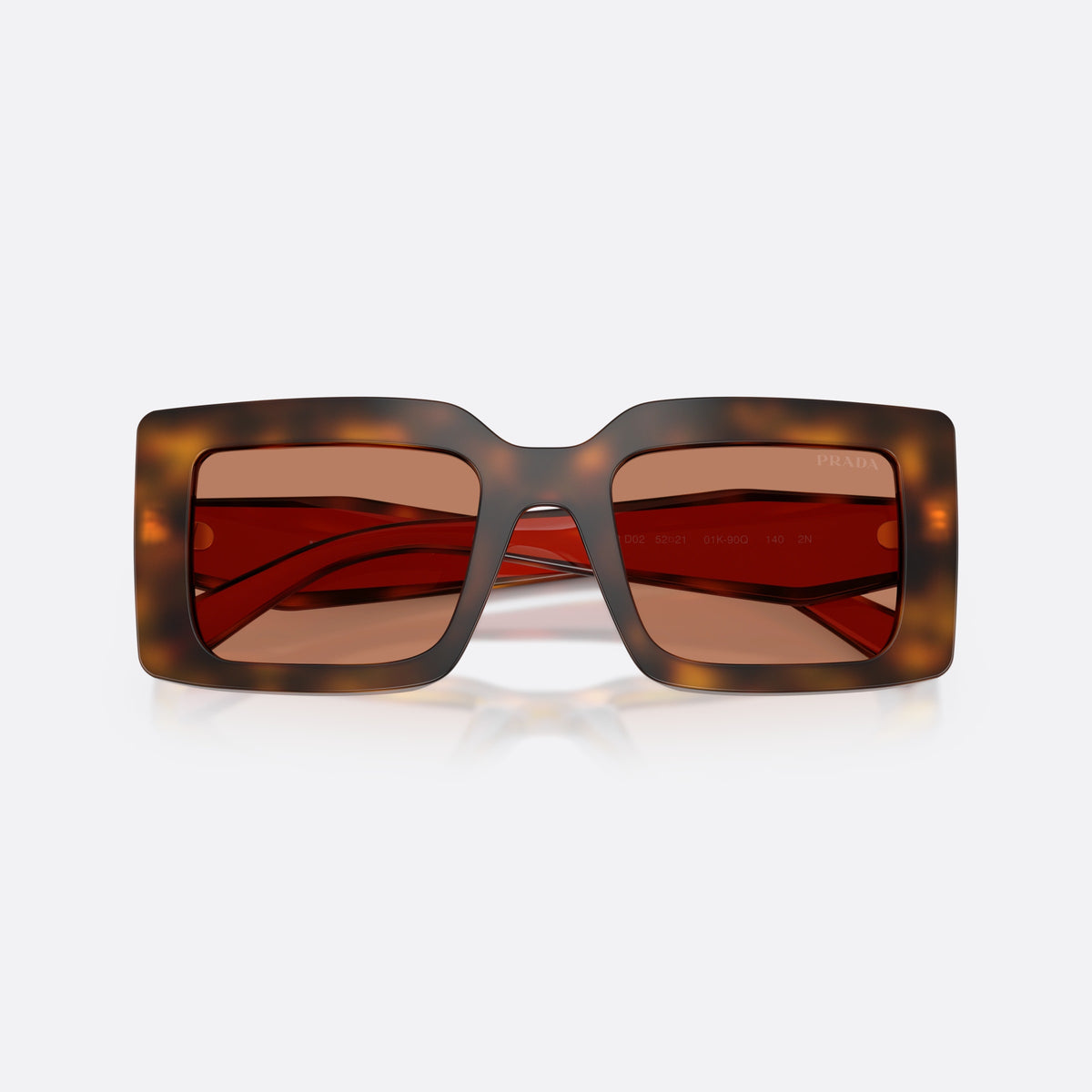 Prada PR D01S 01K90Q sunglasses, havana rectangle frame for women, plain wide bridge, brand logo on temple, folded