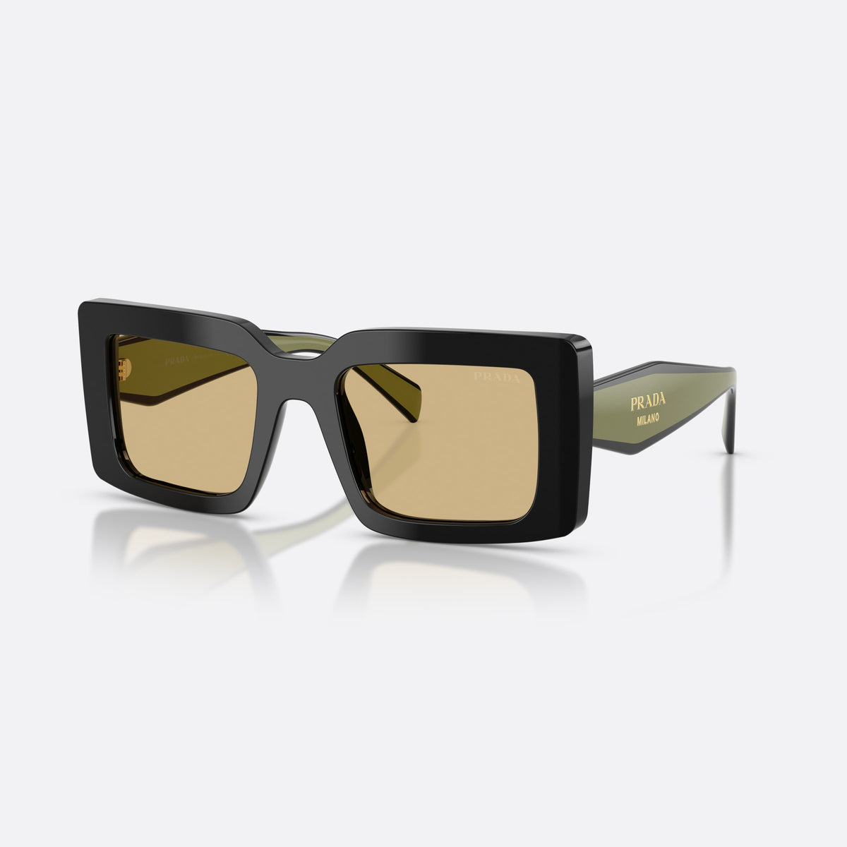 Prada PR D01S 03K10R sunglasses, black rectangle frame for women, plain bridge, brand lettering on temples, full-rim frame