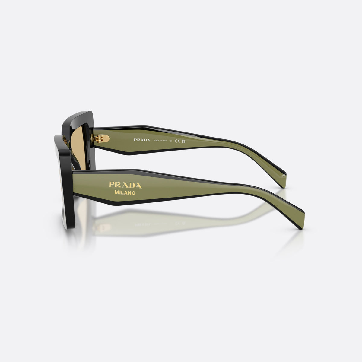 Prada PR D01S 03K10R sunglasses, black rectangle frame for women, plain bridge, brand lettering on temples, full-rim frame, side view
