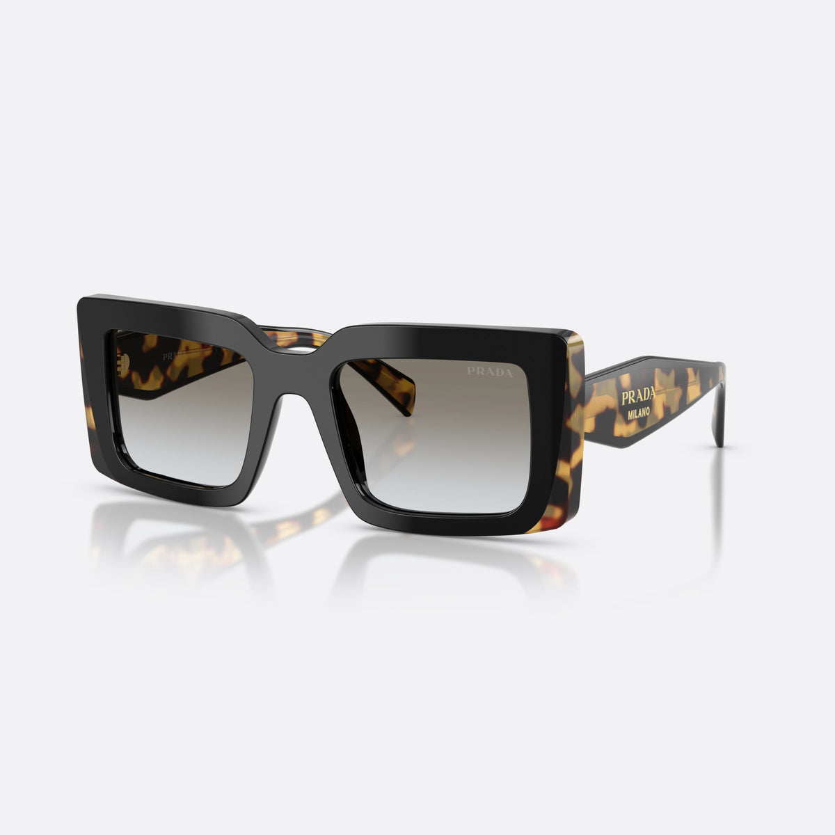 Prada PR D01S 0CD80L sunglasses, black rectangle frame for women, plain bridge, brand lettering on temples, full-rim frame
