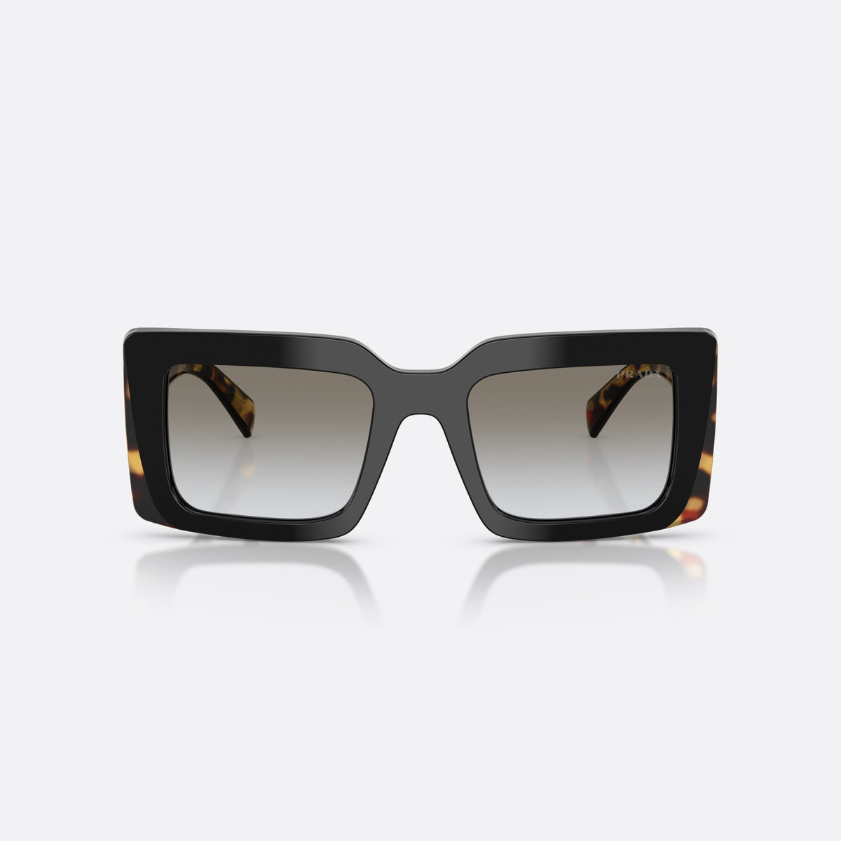 Prada PR D01S 0CD80L sunglasses, black rectangle frame for women, plain bridge, brand lettering on temples, full-rim frame, front view