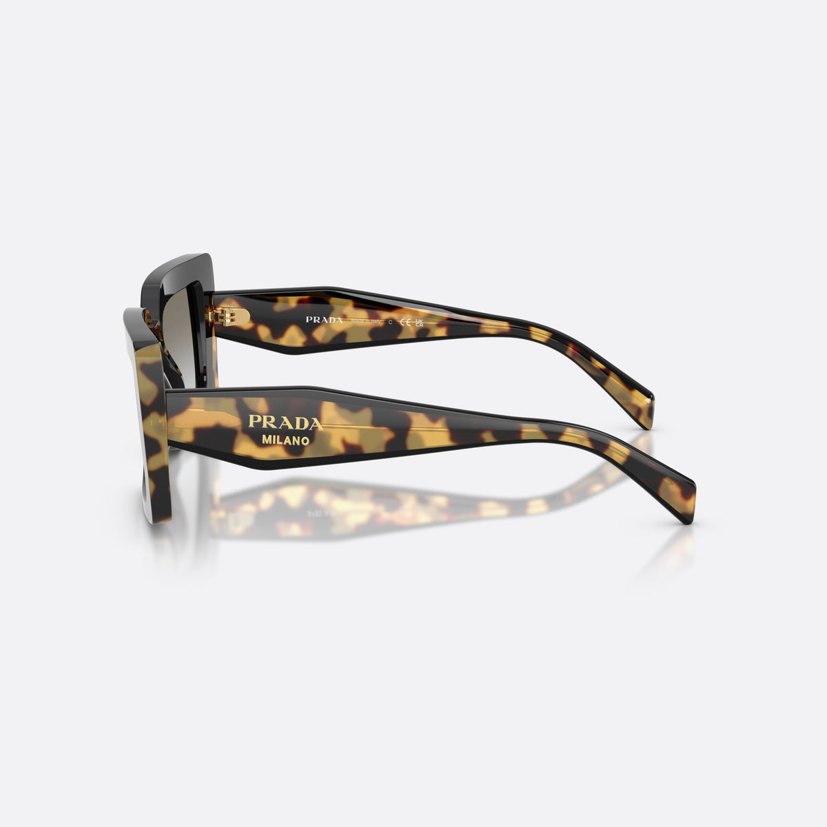 Prada PR D01S 0CD80L sunglasses, black rectangle frame for women, plain bridge, brand lettering on temples, full-rim frame, side view