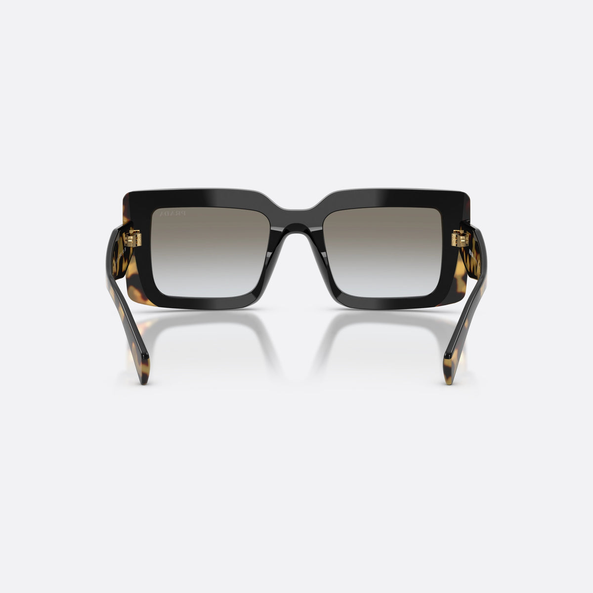 Prada PR D01S 0CD80L sunglasses, black rectangle frame for women, plain bridge, brand lettering on temples, full-rim frame, back view