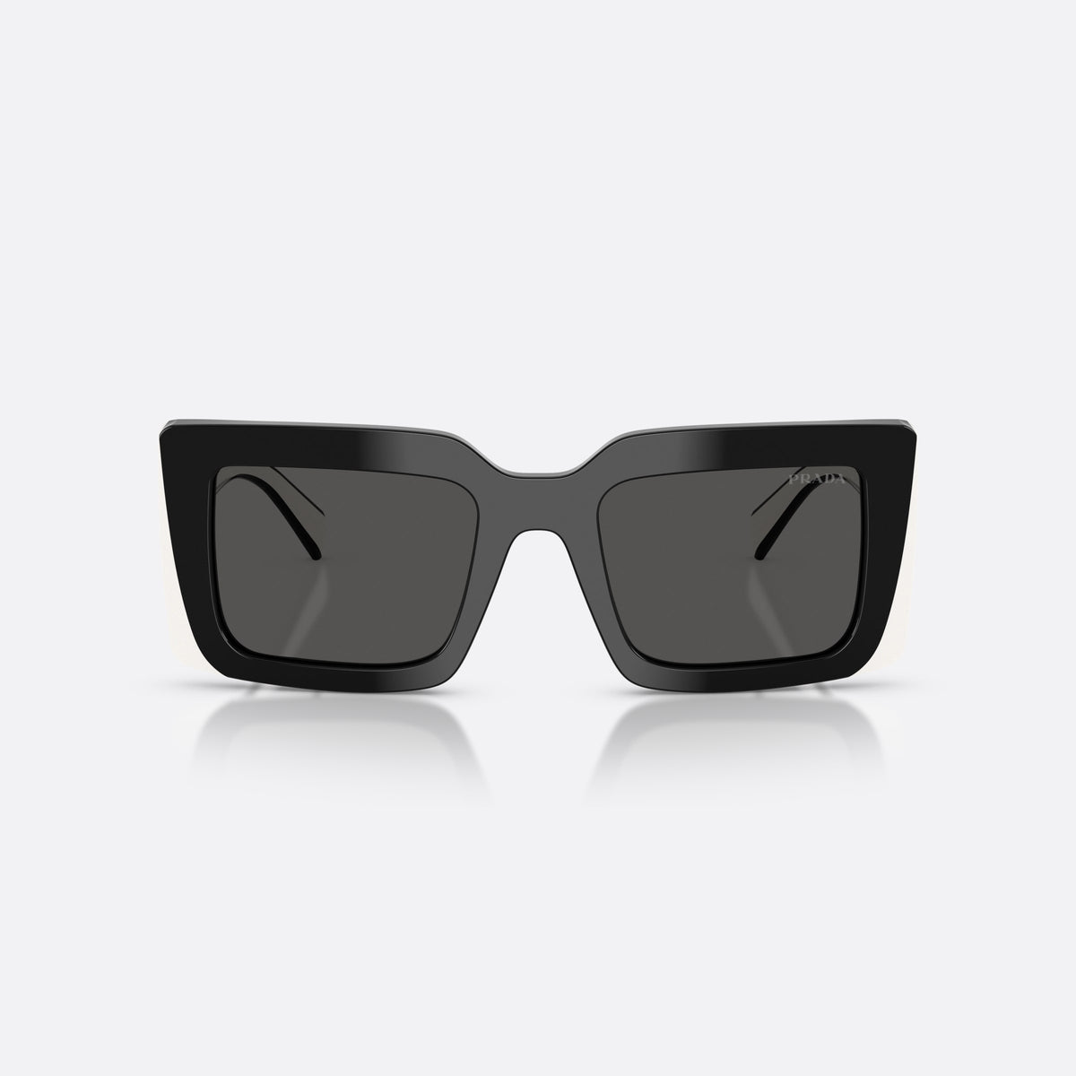 Prada PR D01S 20G08Z sunglasses, black rectangle frame for women, plain double-arch bridge, brand lettering on the temples, front view