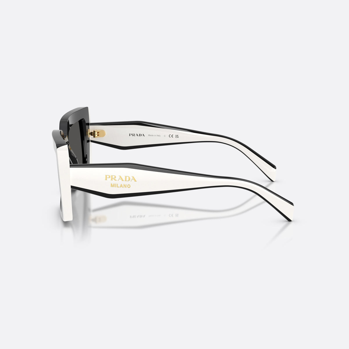 Prada PR D01S 20G08Z sunglasses, black rectangle frame for women, plain double-arch bridge, brand lettering on the temples, side view