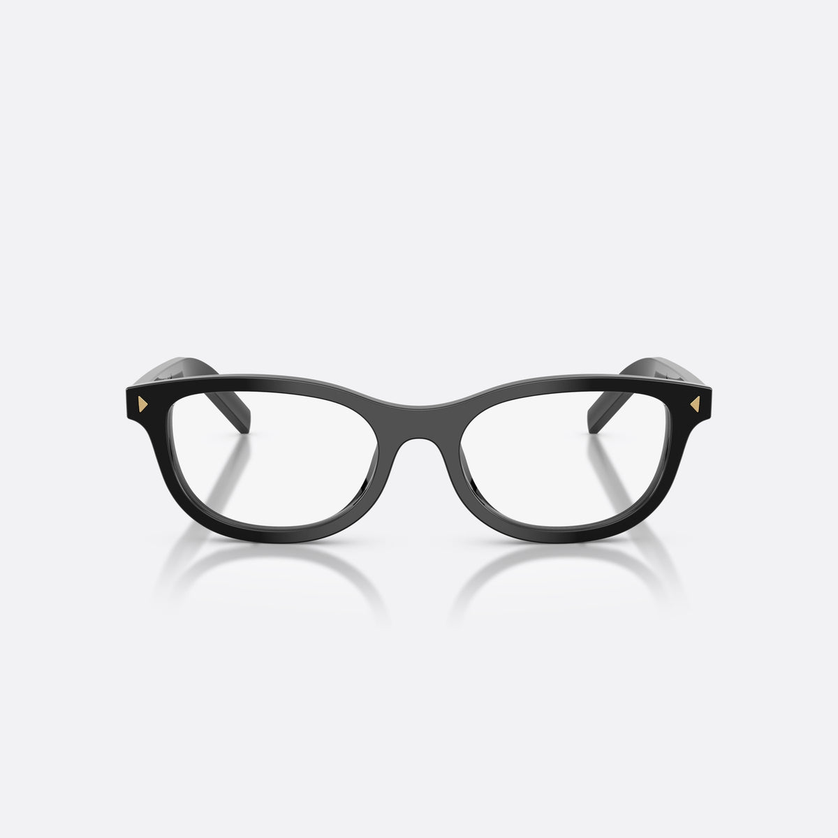 Prada PR D01VU 16K1O1 eyeglasses, black oval frame for women, keyhole bridge, brand lettering on temples, front view