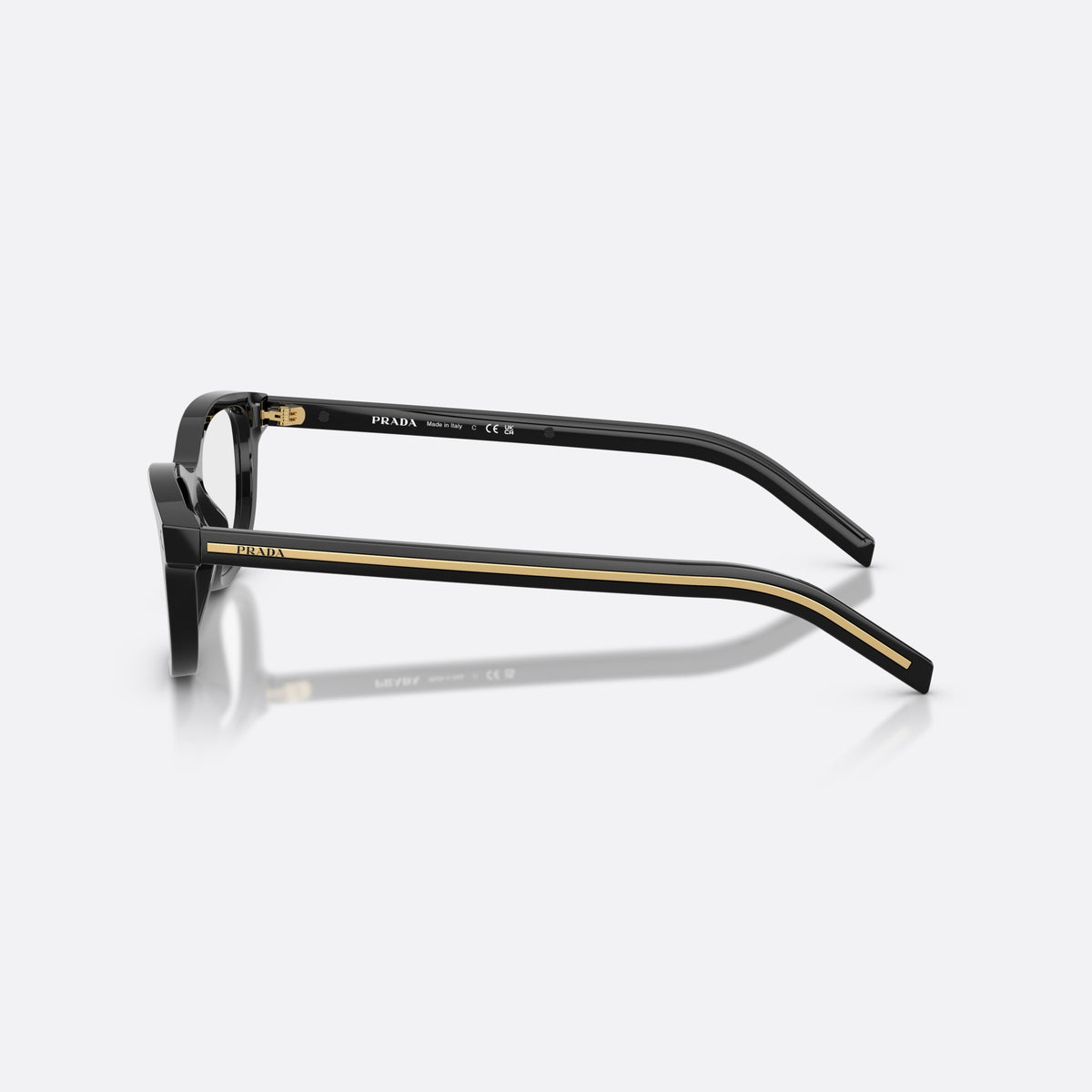 Prada PR D01VU 16K1O1 eyeglasses, black oval frame for women, keyhole bridge, brand lettering on temples, side view
