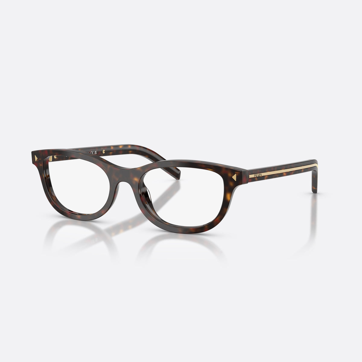 Prada PR D01VU 17N1O1 eyeglasses, havana oval frame for women, plain combined bridge, brand lettering on temples