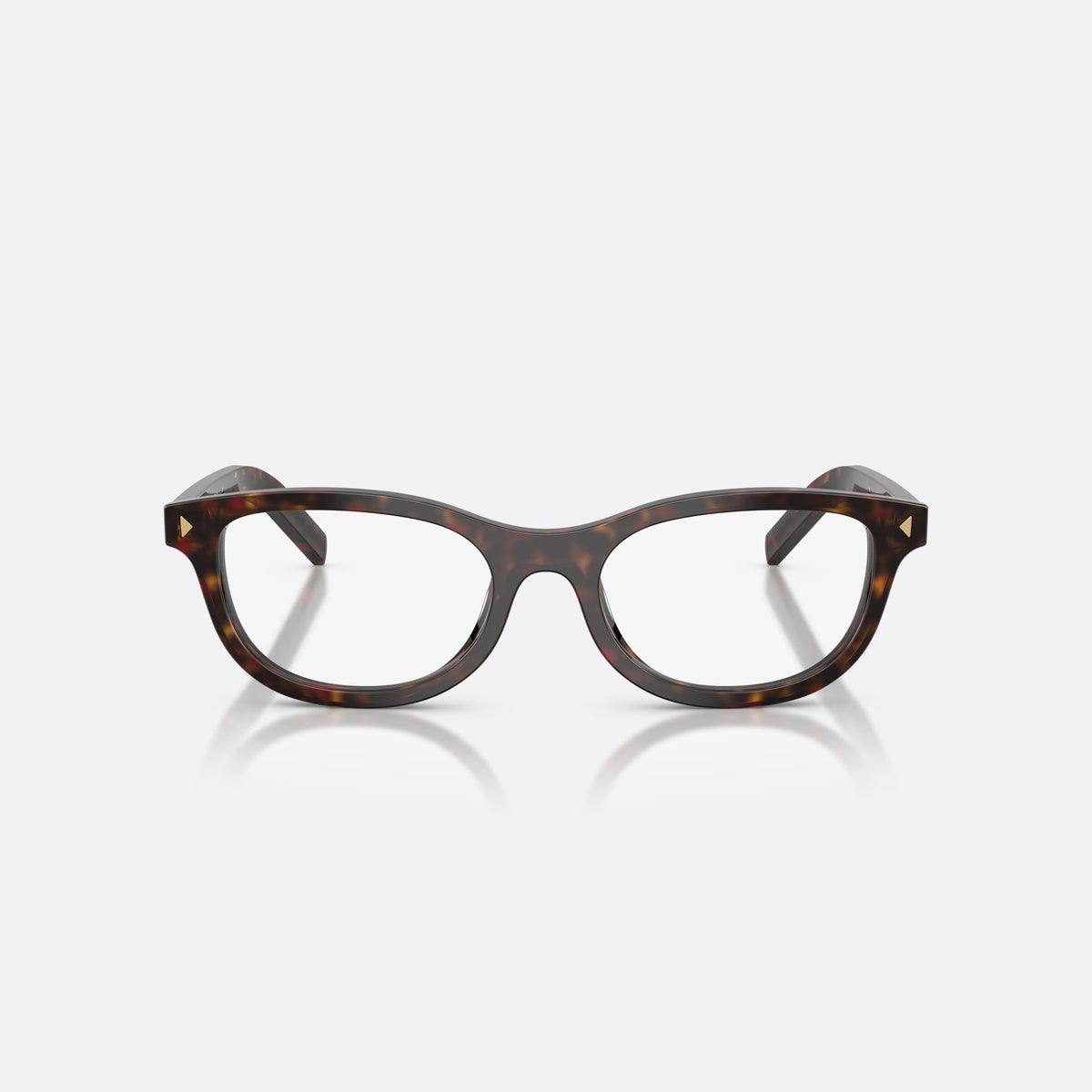 Prada PR D01VU 17N1O1 eyeglasses, havana oval frame for women, plain saddle bridge, brand lettering on temples, front view