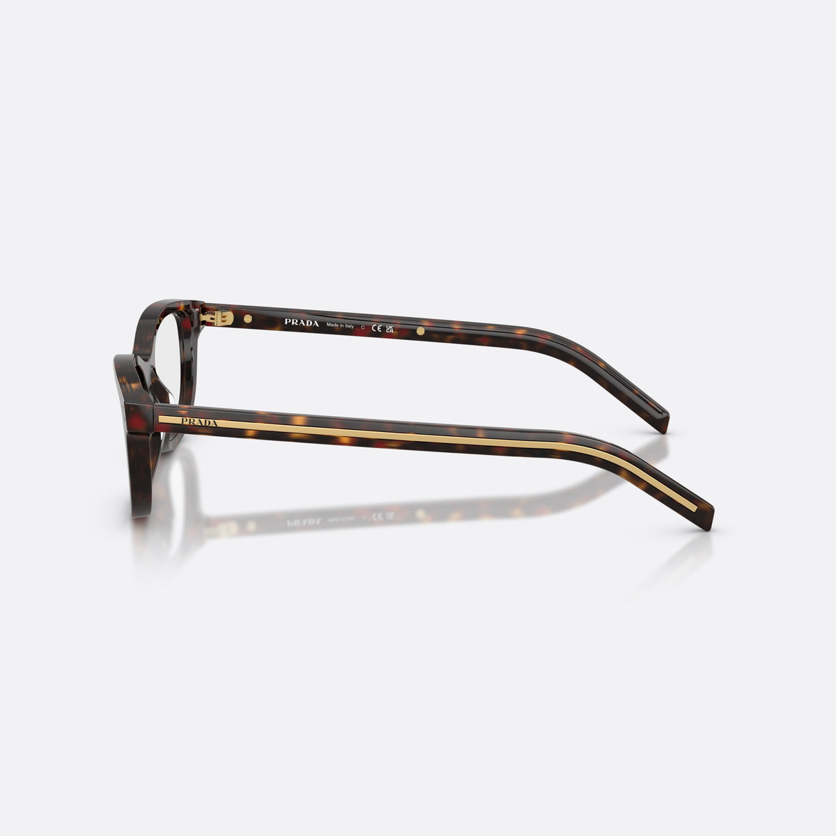 Prada PR D01VU 17N1O1 eyeglasses, havana oval frame for women, plain saddle bridge, brand lettering on temples, side view
