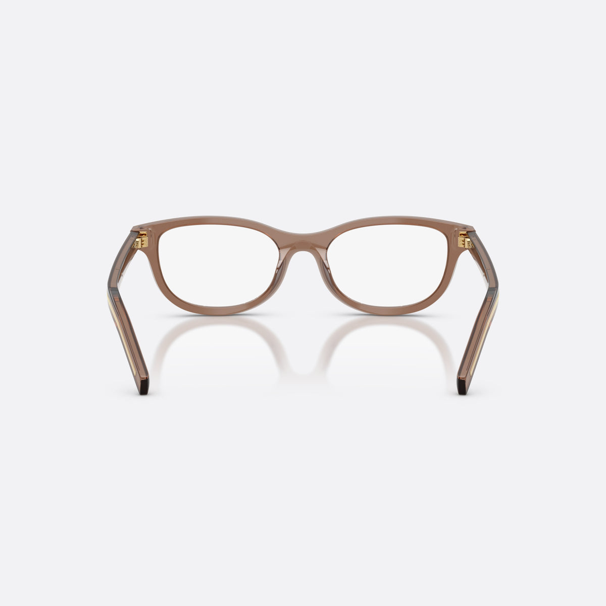 Prada PR D01VU 28I1O1 eyeglasses, clear oval frame for women, plain integrated bridge, brand lettering on temples, back view