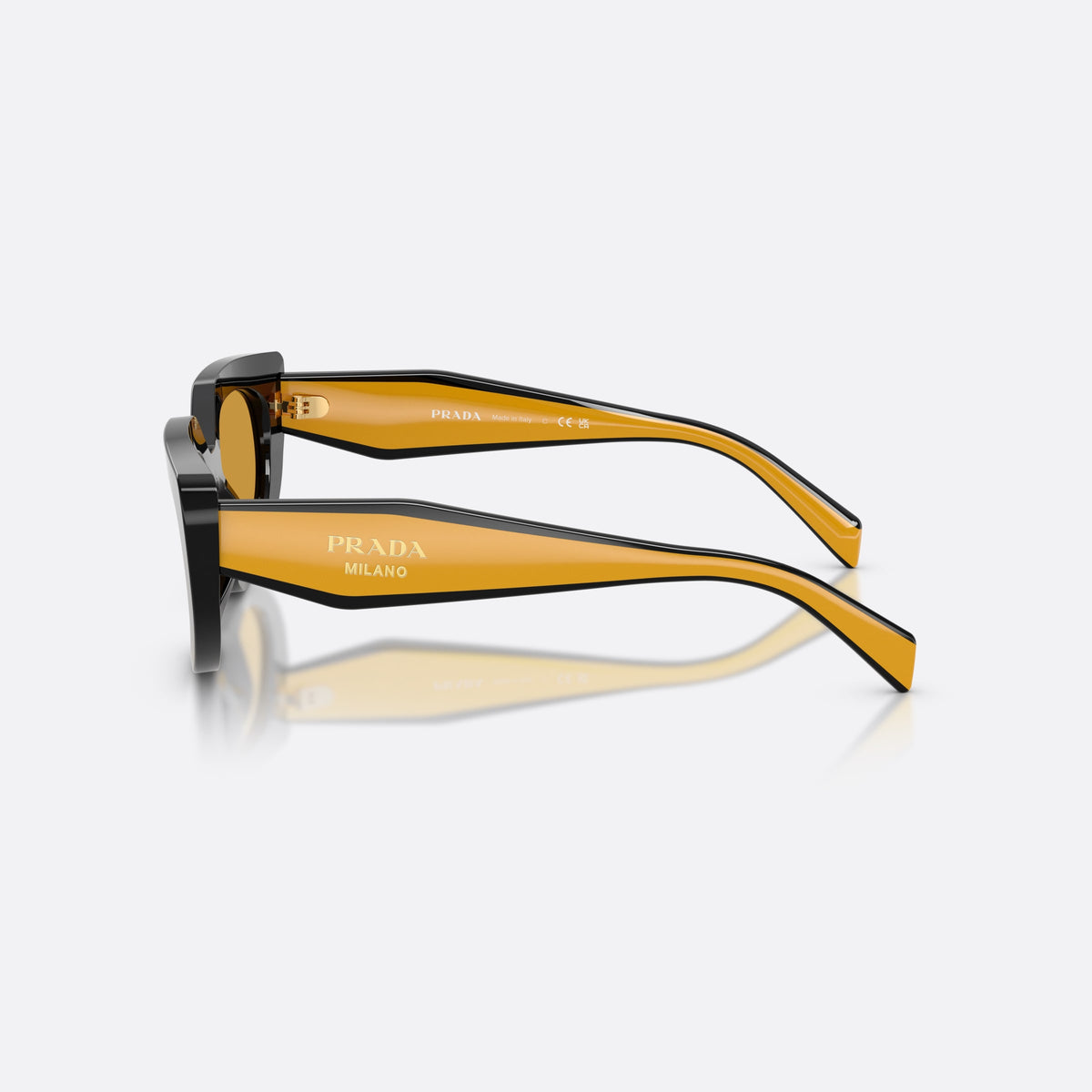 Prada PR D02S 02K50P sunglasses, black oval frame for women, saddle-style bridge, plain, brand lettering on temples, side view