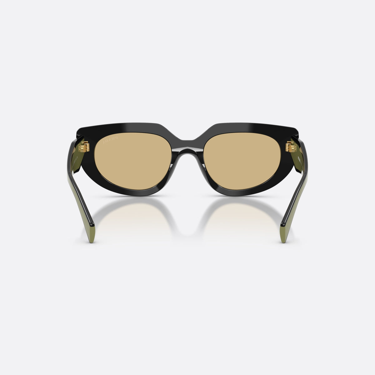 Prada PR D02S 03K10R sunglasses, black oval frame for women, plain double bridge, brand lettering on temples, back view
