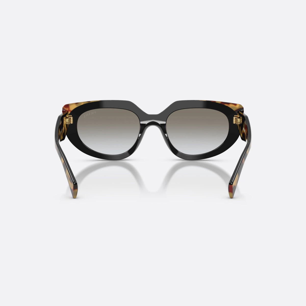 Prada PR D02S 0CD80L sunglasses, black oval frame for women, plain double bridge, brand logo on temple, back view