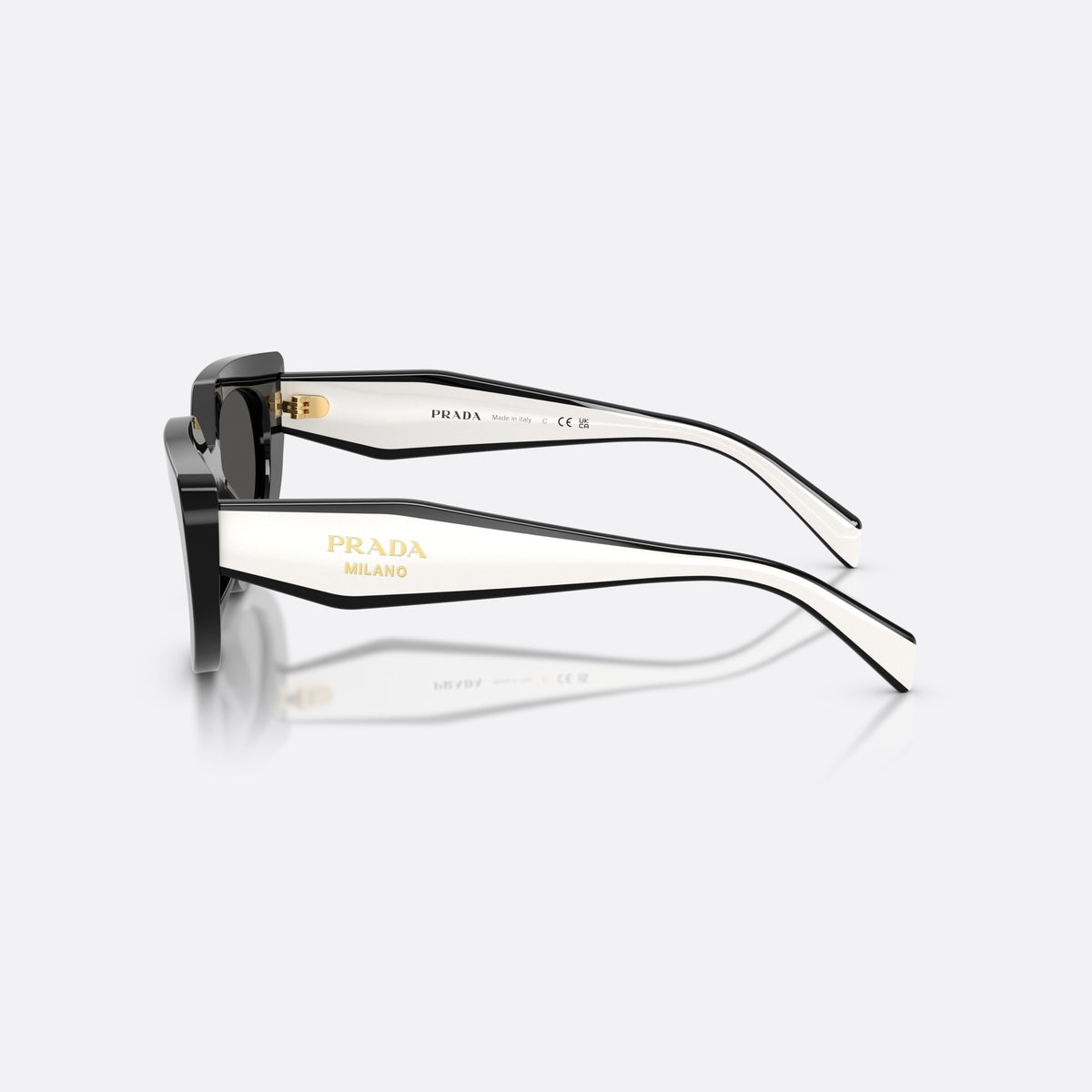 Prada PR D02S 20G08Z sunglasses, black oval frame for women, plain double bridge, brand logo on temple, full-rim frame, side view