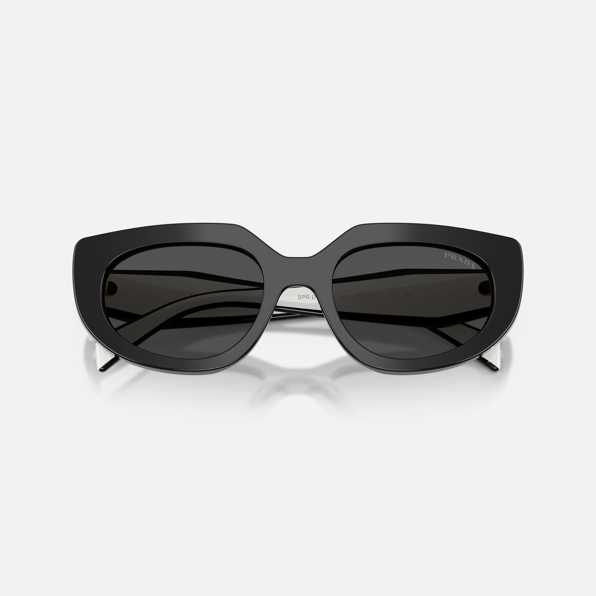 Prada PR D02S 20G08Z sunglasses, black oval frame for women, plain double bridge, brand logo on temple, full-rim frame, folded