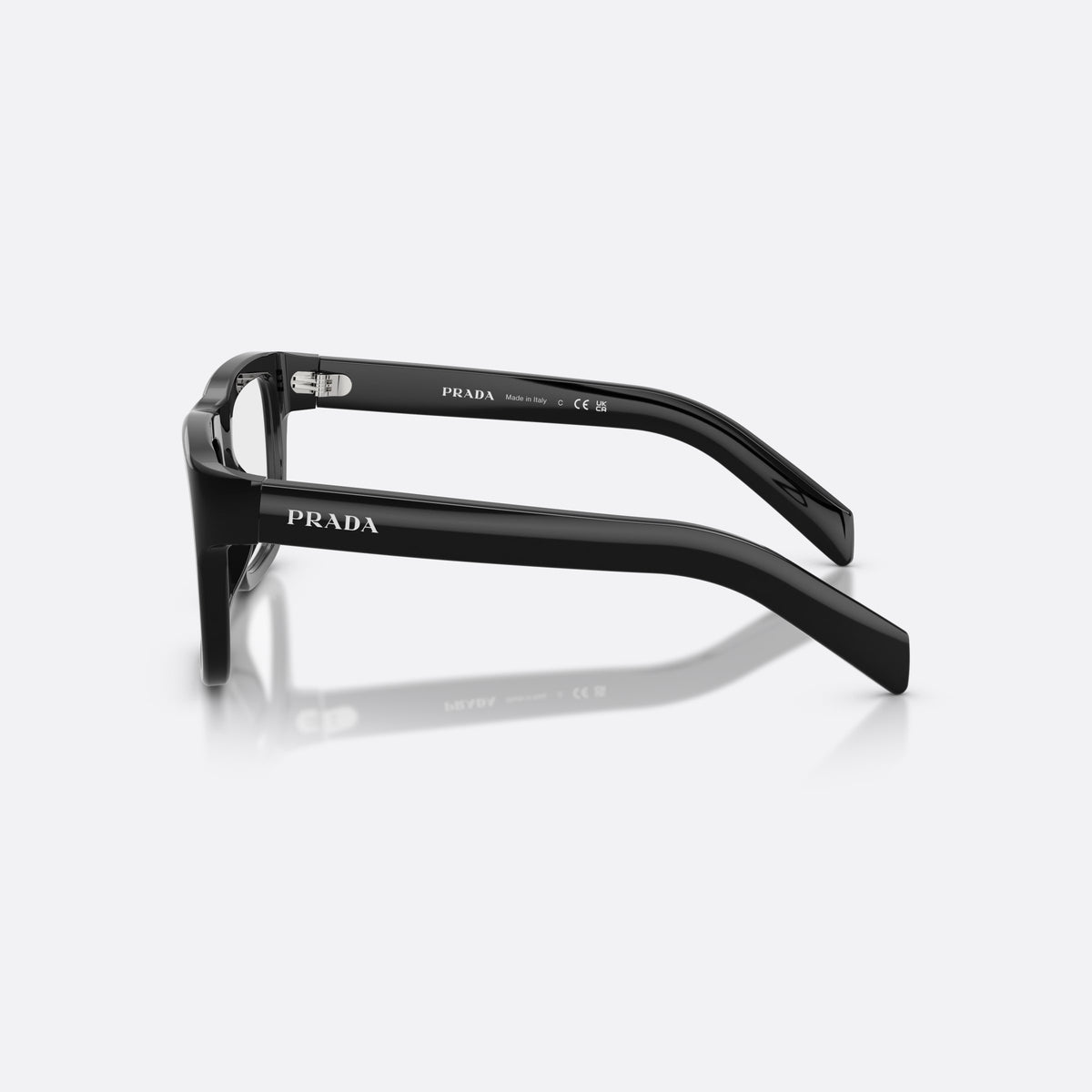 Prada PR D02V 16K1O1 eyeglasses, black rectangle frame for men, plain integrated bridge, brand lettering on temple, side view