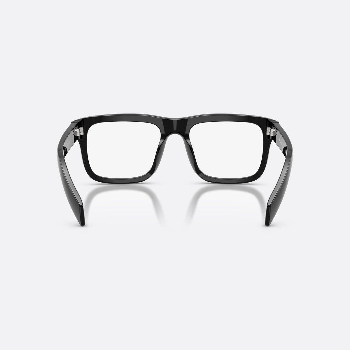 Prada PR D02V 16K1O1 eyeglasses, black rectangle frame for men, plain integrated bridge, brand lettering on temple, back view