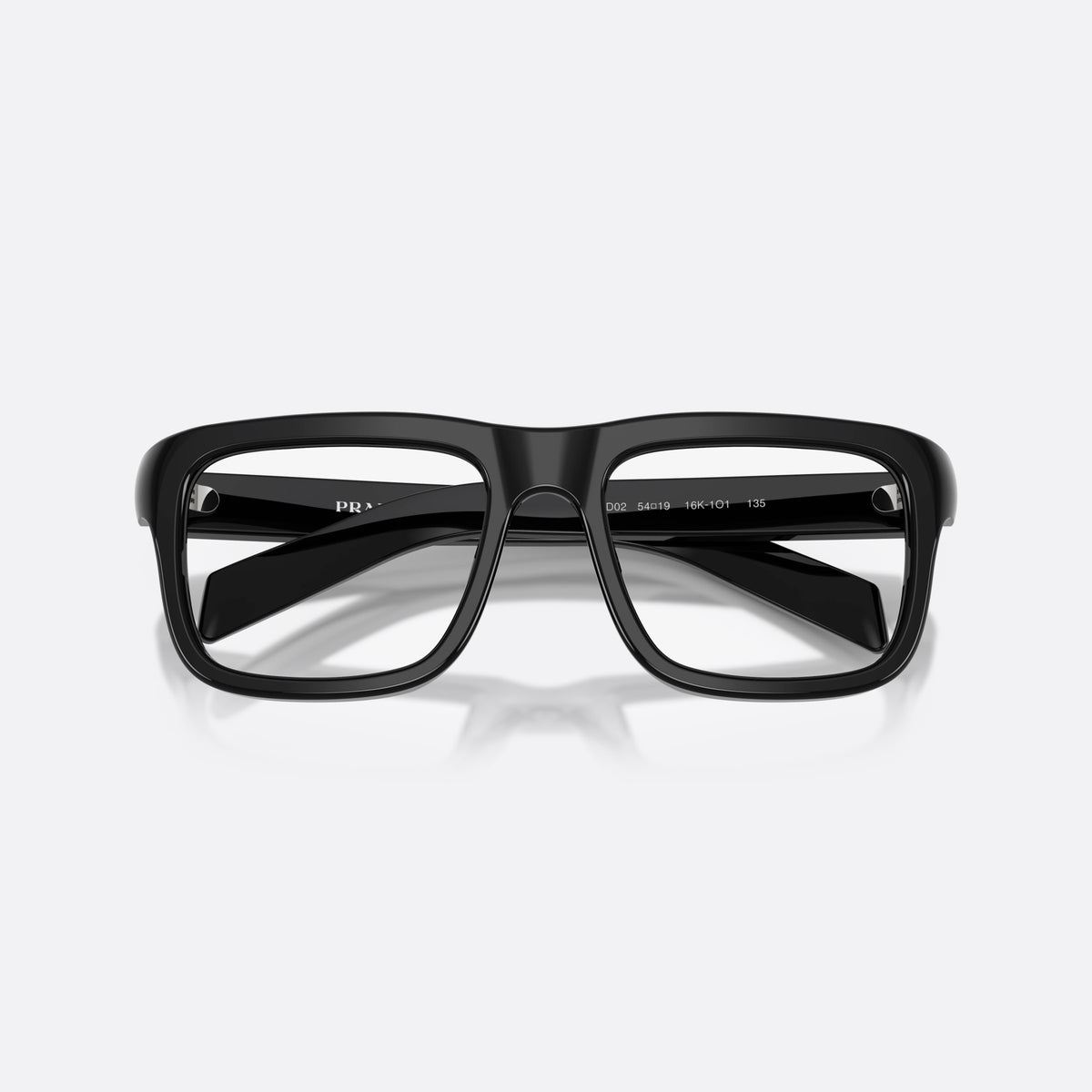 Prada PR D02V 16K1O1 eyeglasses, black rectangle frame for men, plain bridge, brand lettering on temple, full-rim frame, folded
