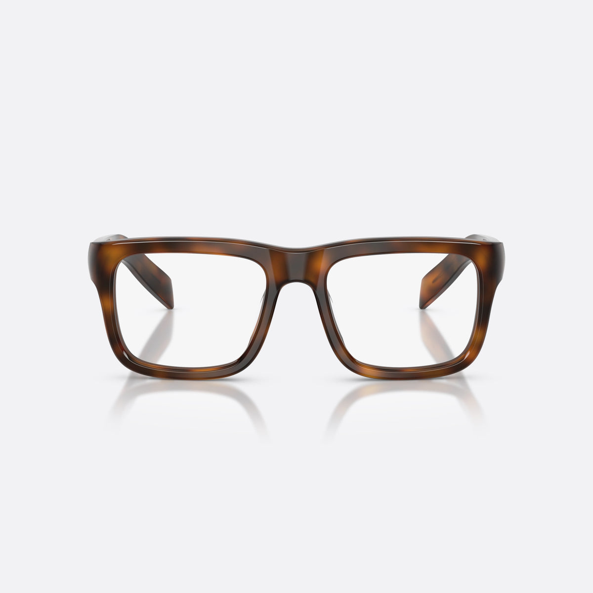 Prada PR D02V 20D1O1 eyeglasses, havana rectangle frame for men, plain integrated bridge, brand lettering on temple, front view
