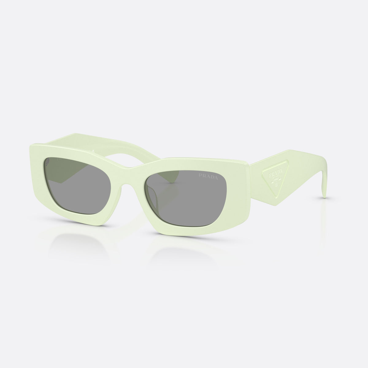 Prada PR D03SD 05K50Q sunglasses, green rectangle frame for women, plain bridge, brand logo on temple, full rim frame
