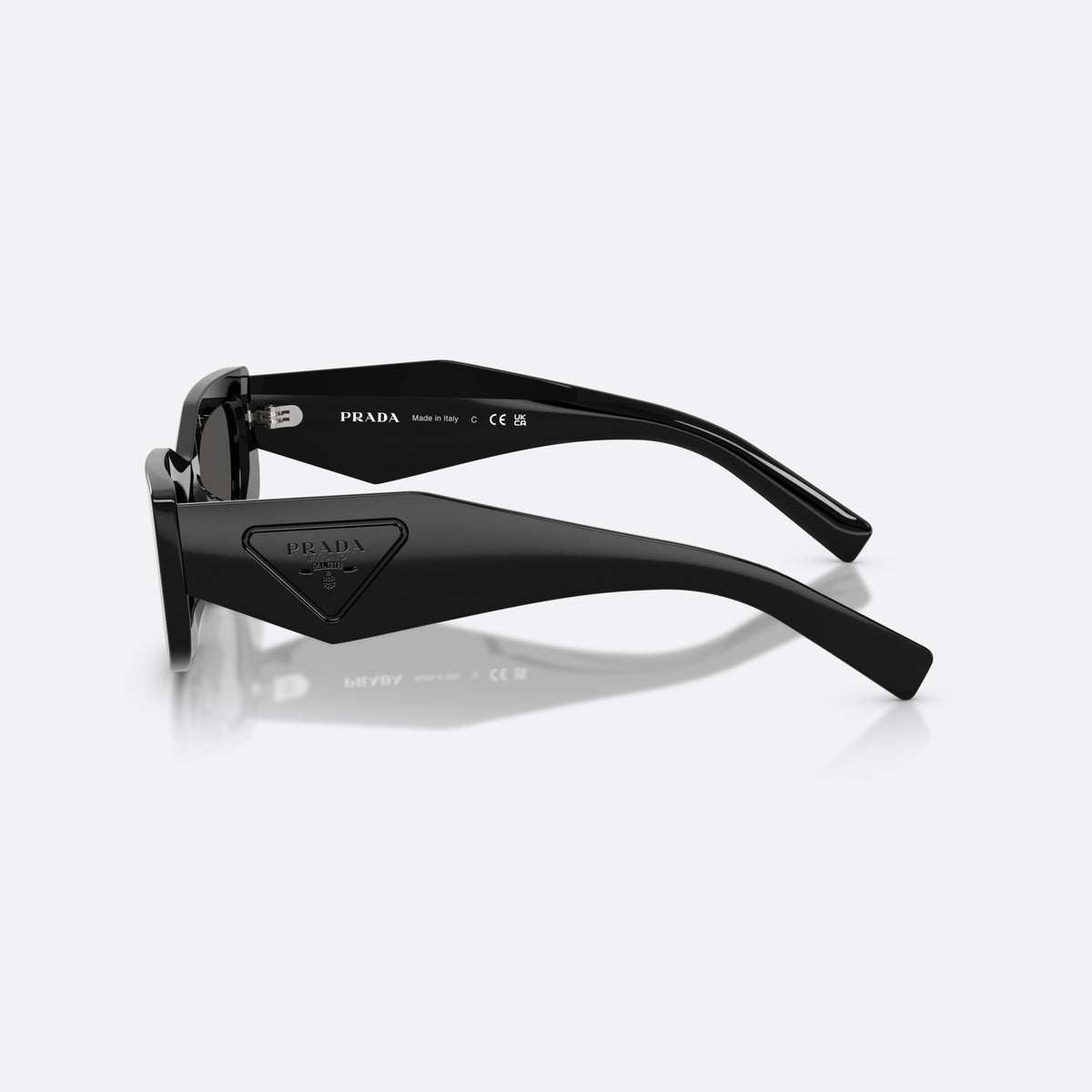 Prada PR D03SD 16K08Z sunglasses, black rectangle frame for women, plain bridge with shallow curve, wide tapered temples, side view