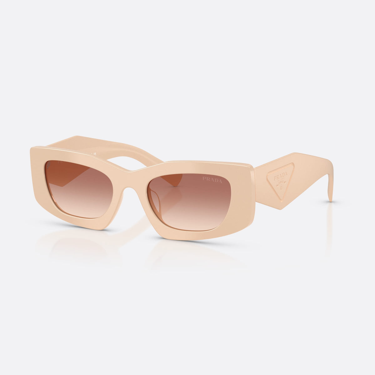 Prada PR D03SD 25B50L sunglasses, pink rectangle frame for women, plain bridge, brand logo plaque on temple, full-rim frame