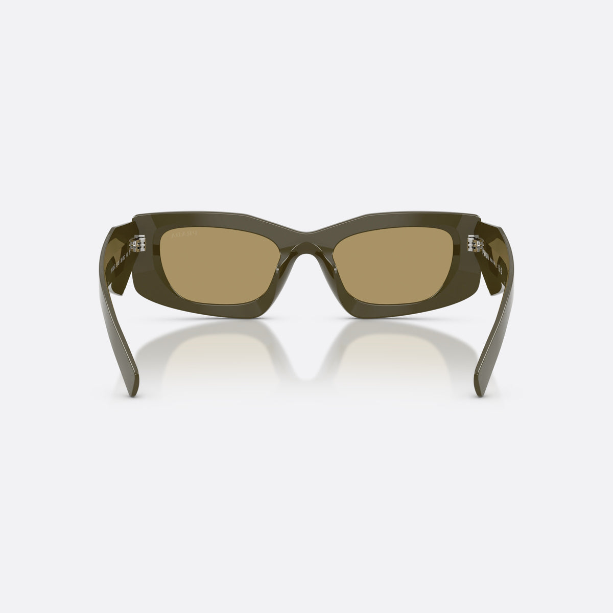 Prada PR D03SD 26J70G sunglasses, green rectangle frame for women, plain integrated bridge, brand logo on temple, back view