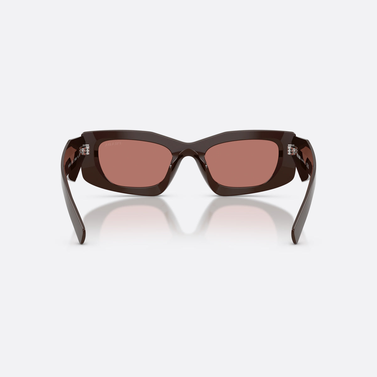 Prada PR D03SD 27I80W sunglasses, brown rectangle frame for women, plain bridge, triangular brand logo plaque, back view