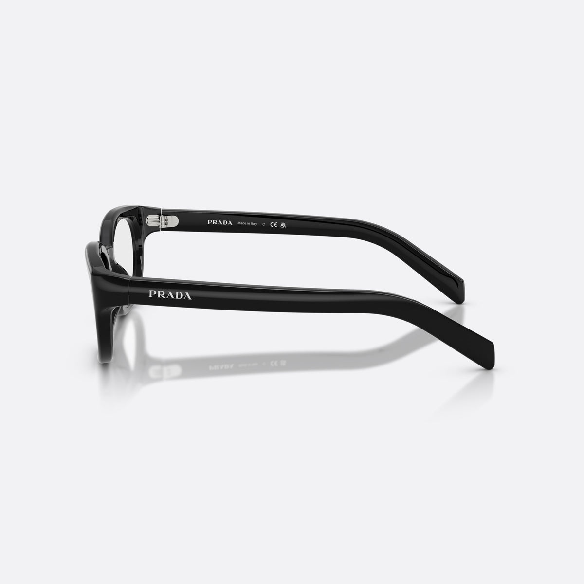 Prada PR D03VU 16K1O1 eyeglasses, black phantos frame for women, plain integrated bridge, brand lettering on temple, side view