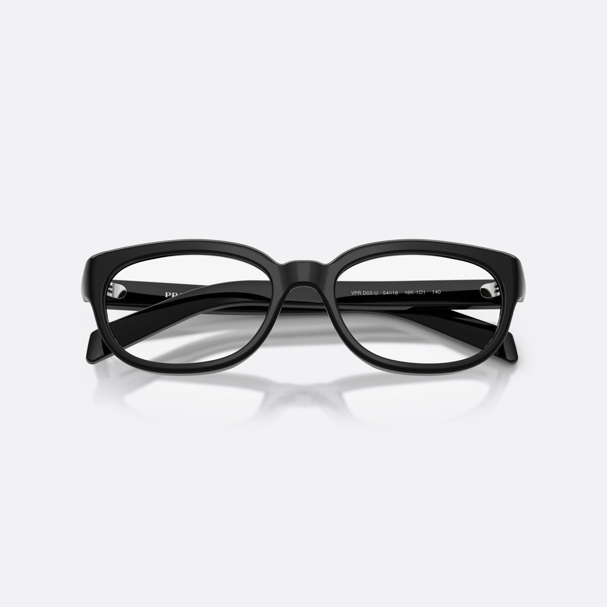 Prada PR D03VU 16K1O1 eyeglasses, black phantos frame for women, plain integrated bridge, brand lettering on temple, folded