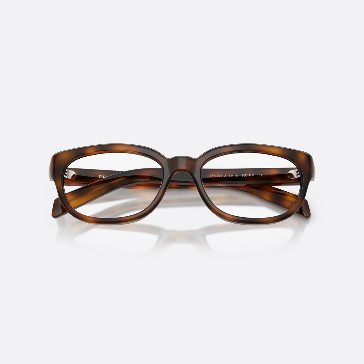 Prada PR D03VU 20D1O1 eyeglasses, havana phantos frame for women, plain acetate-style bridge, brand lettering on temples, folded