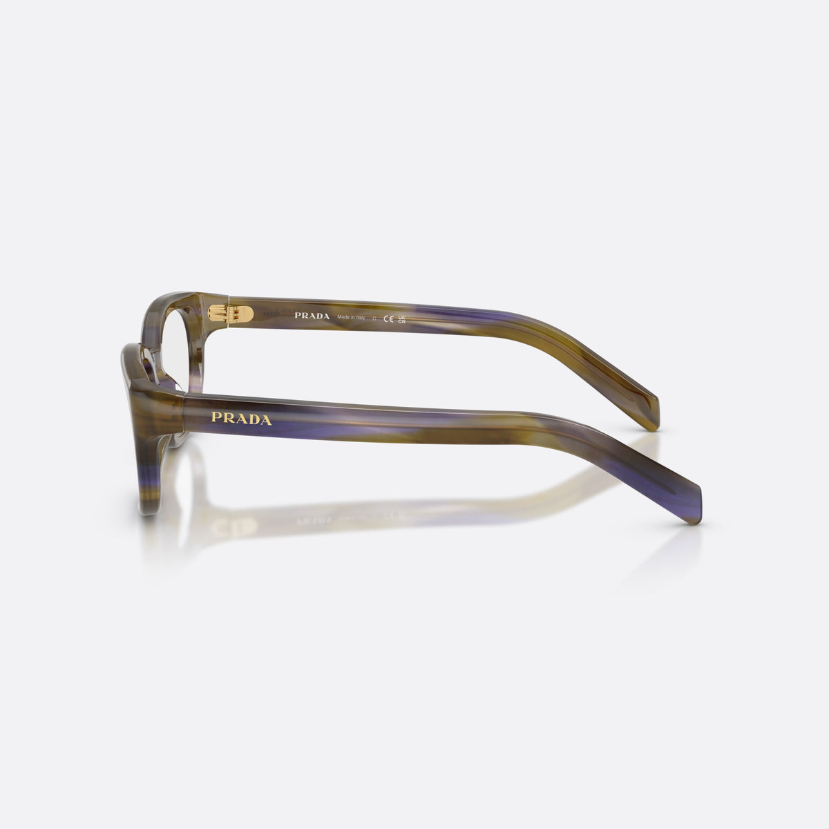 Prada PR D03VU 23G1O1 eyeglasses, havana phantos frame for women, plain integrated bridge, brand lettering on temples, side view