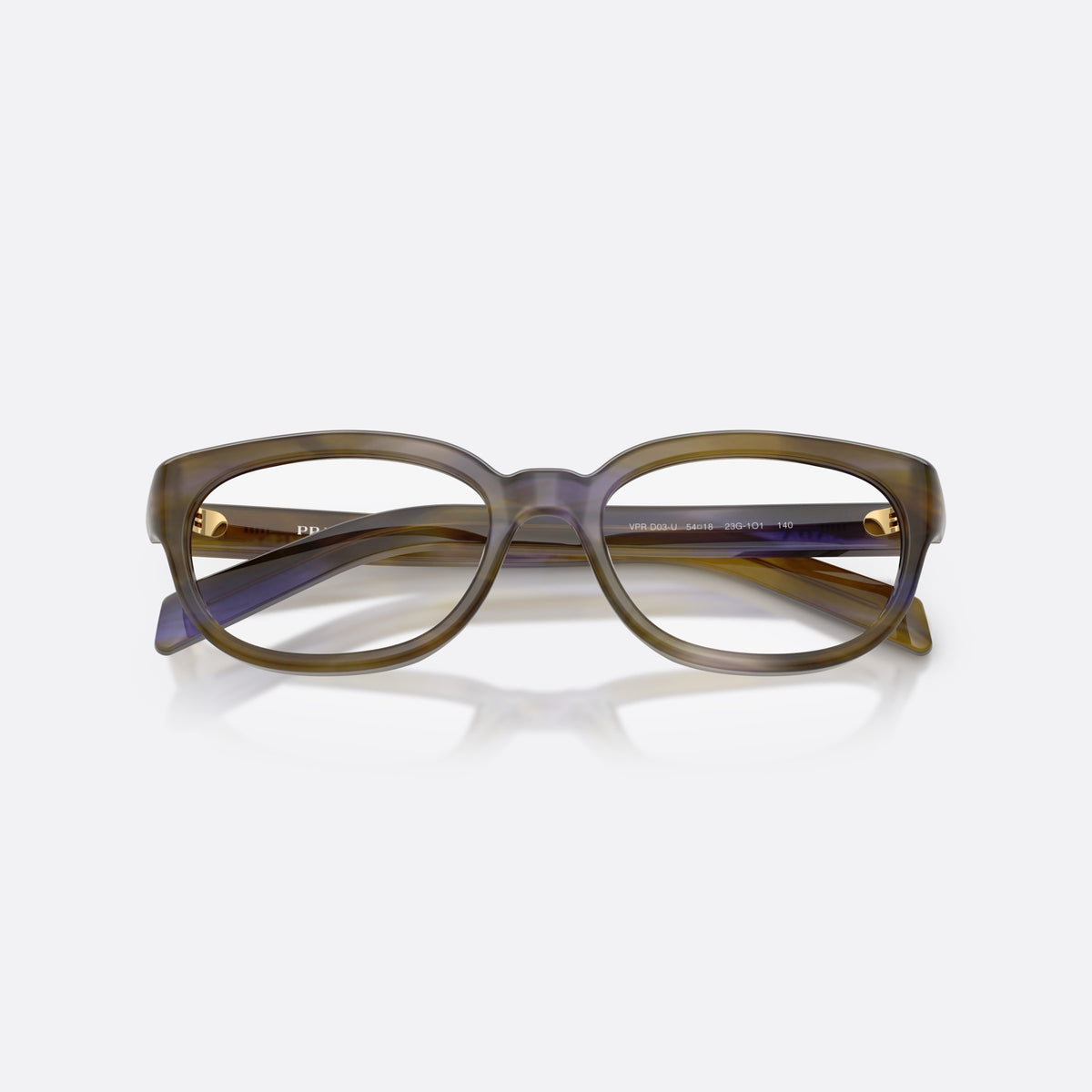 Prada PR D03VU 23G1O1 eyeglasses, havana phantos frame for women, plain integrated bridge, brand lettering on temples, folded