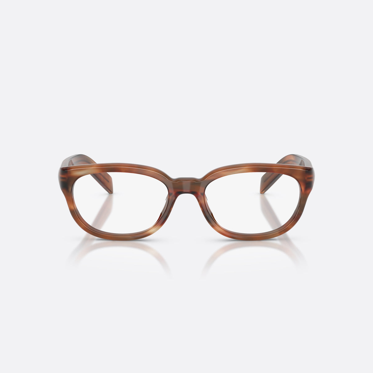 Prada PR D03VU 24G1O1 eyeglasses, brown phantos frame for women, plain bridge, integrated into rim, brand lettering on temple, front view