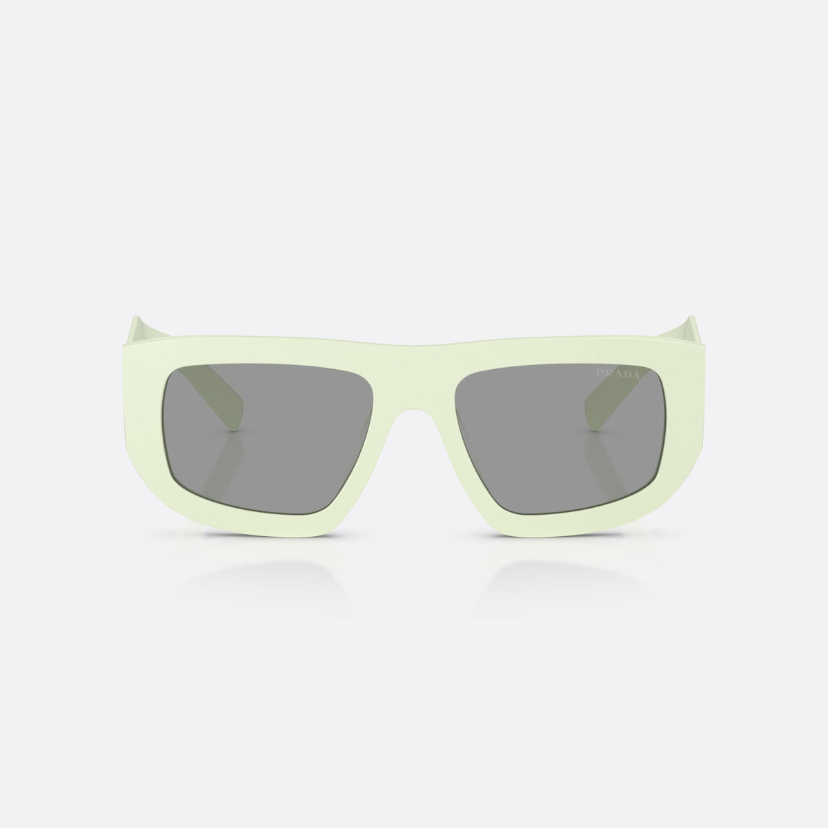 Prada PR D04SU 05K50Q sunglasses, green irregular frame for women, plain bridge, integrated into frame, brand logo on temple, front view