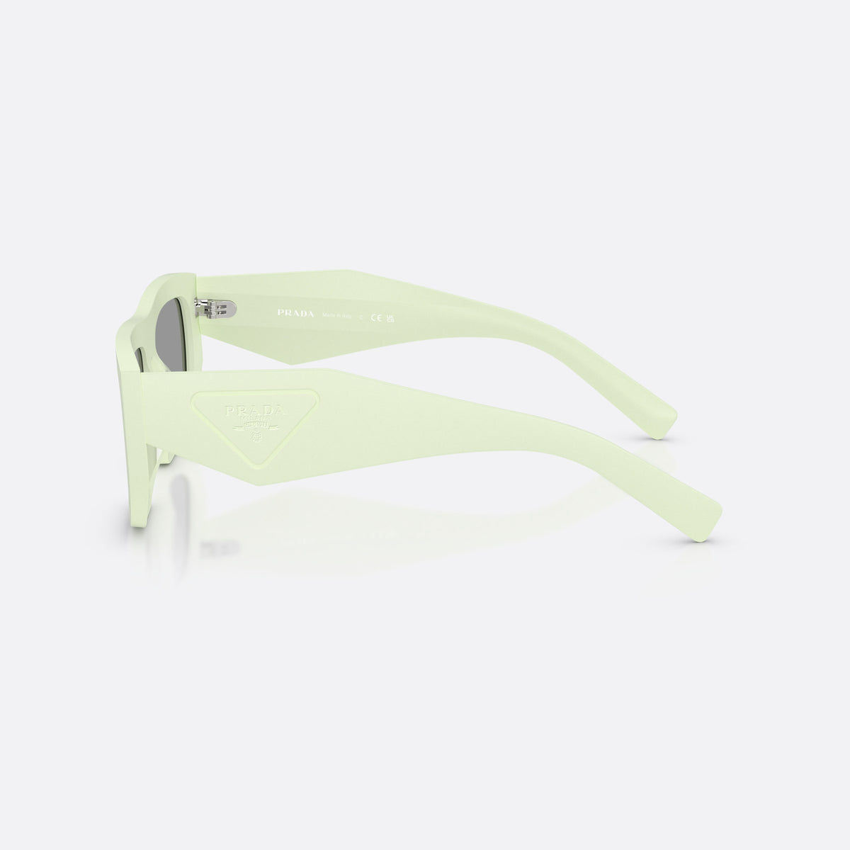 Prada PR D04SU 05K50Q sunglasses, green irregular frame for women, plain bridge, integrated into frame, brand logo on temple, side view
